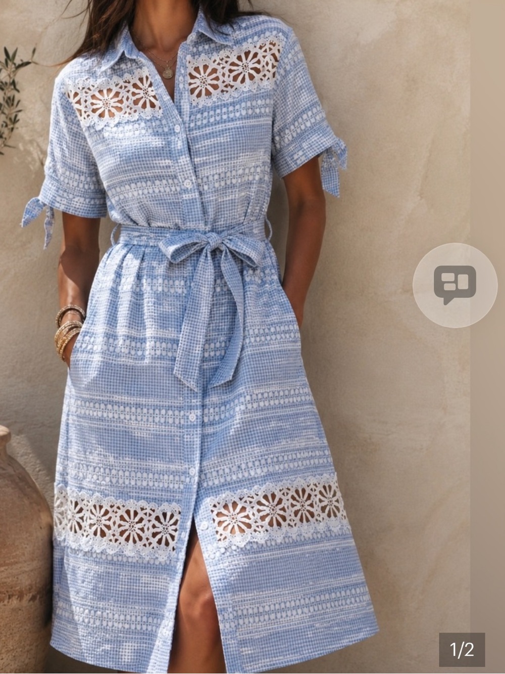 Light Blue Crochet-Trim Midi Shirt Dress